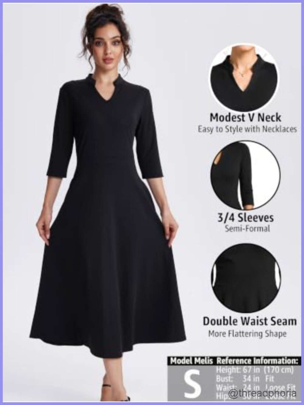 3/4 Sleeve V-Neck Midi Dress A-Line Fit Flare Tea Length Modest Pockets - Picture 3 of 6